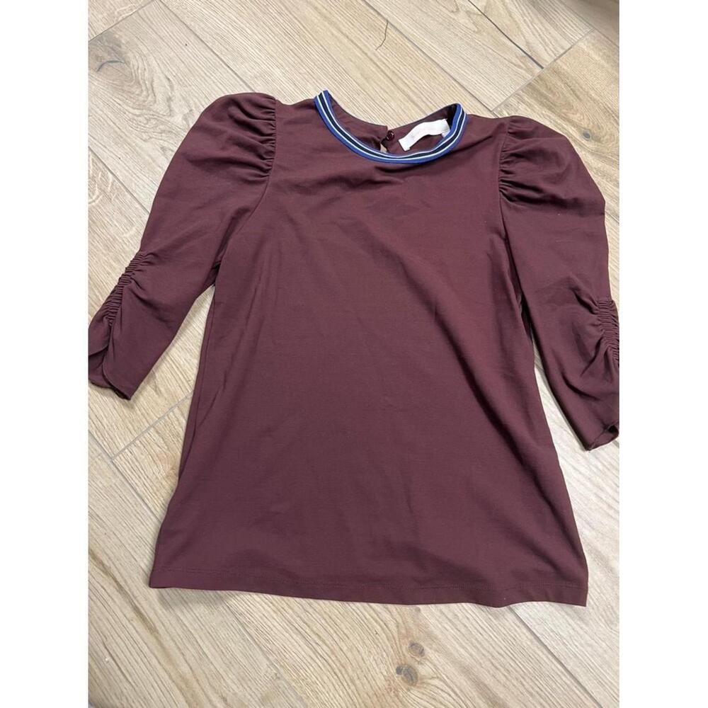 See By Chloe Burgundy Puff-Sleeve Top with Blue-Trim Crew Neck
Chic burgundy to